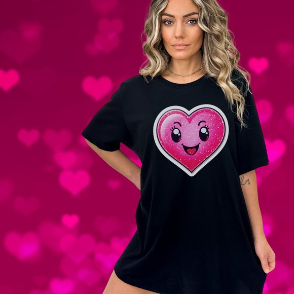 Hot Pink Heart Valentine Black T-Shirt For Wife, Girlfriend, Mom, Daughter - Picture 5 of 6